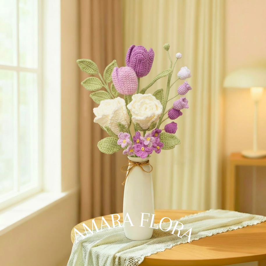 Handmade Crochet Flower Rose Bouquet – Tulips & Lilies - Purple