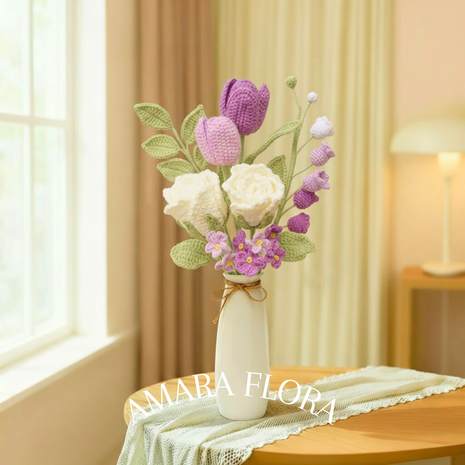 Handmade Crochet Flower Rose Bouquet – Tulips & Lilies - Purple