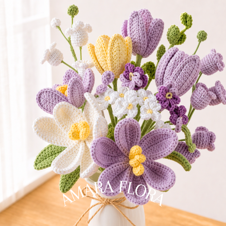 Homemade Crochet Tulip Bouquet Plus Vase - Purple