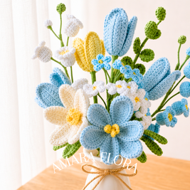 Homemade Crochet Tulip Bouquet Plus Vase - Blue