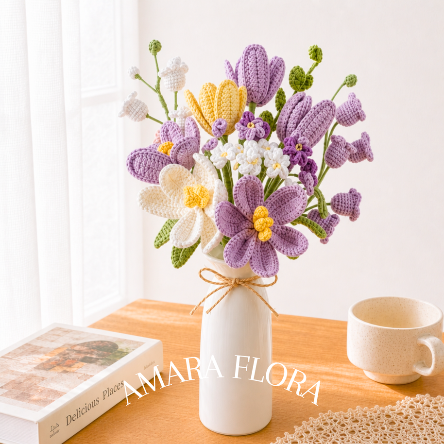 Homemade Crochet Tulip Bouquet Plus Vase - Purple
