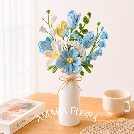 Homemade Crochet Tulip Bouquet Plus Vase - Blue
