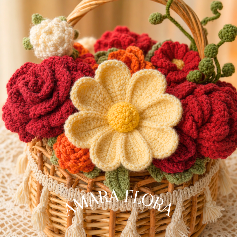 Handmade Crochet Flower Basket - Red