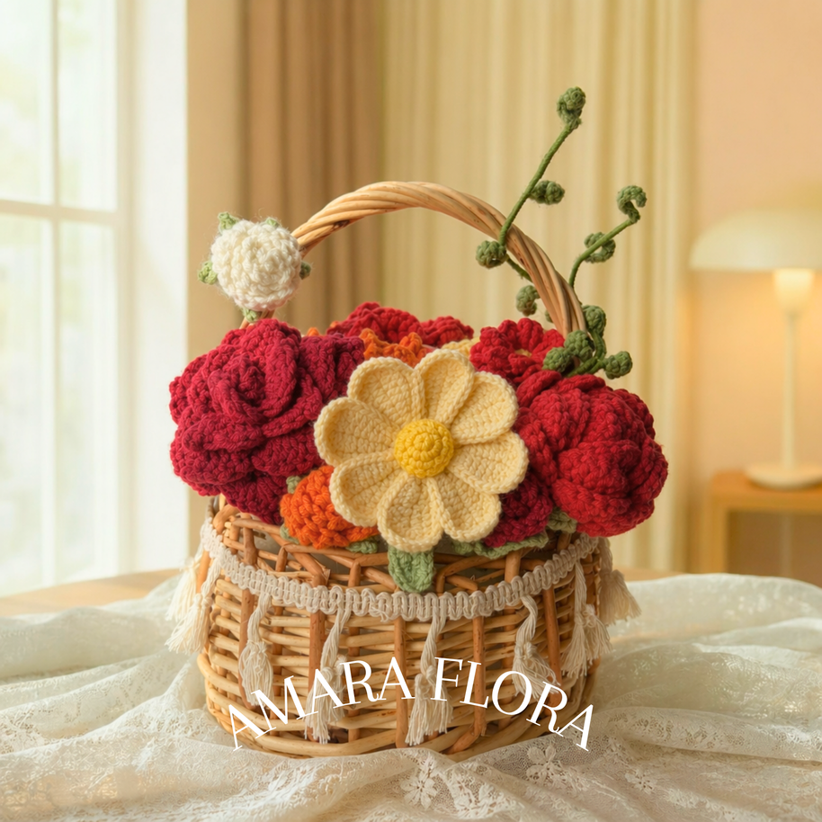 Handmade Crochet Flower Basket - Red