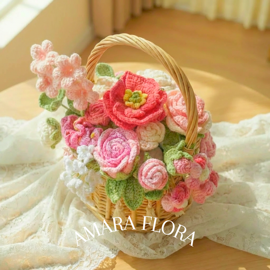 Handmade Crochet Flower Basket - Pink