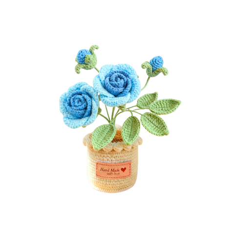 Crochet Rose Flower Pot - Blue