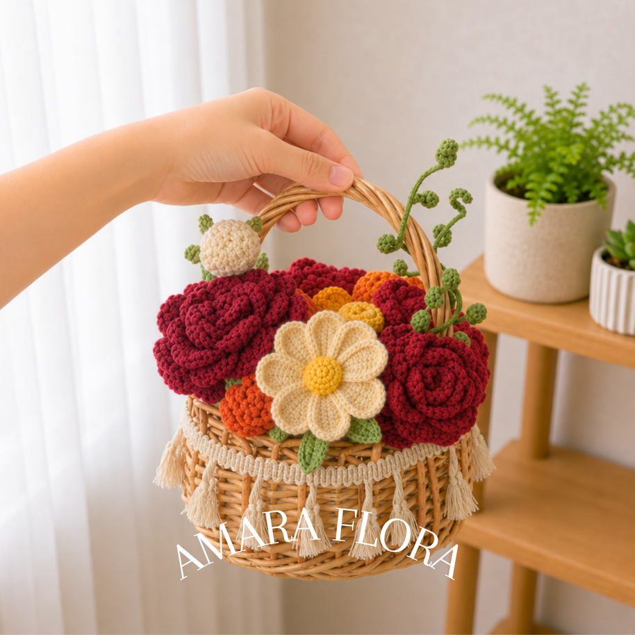 Handmade Crochet Flower Basket - Red