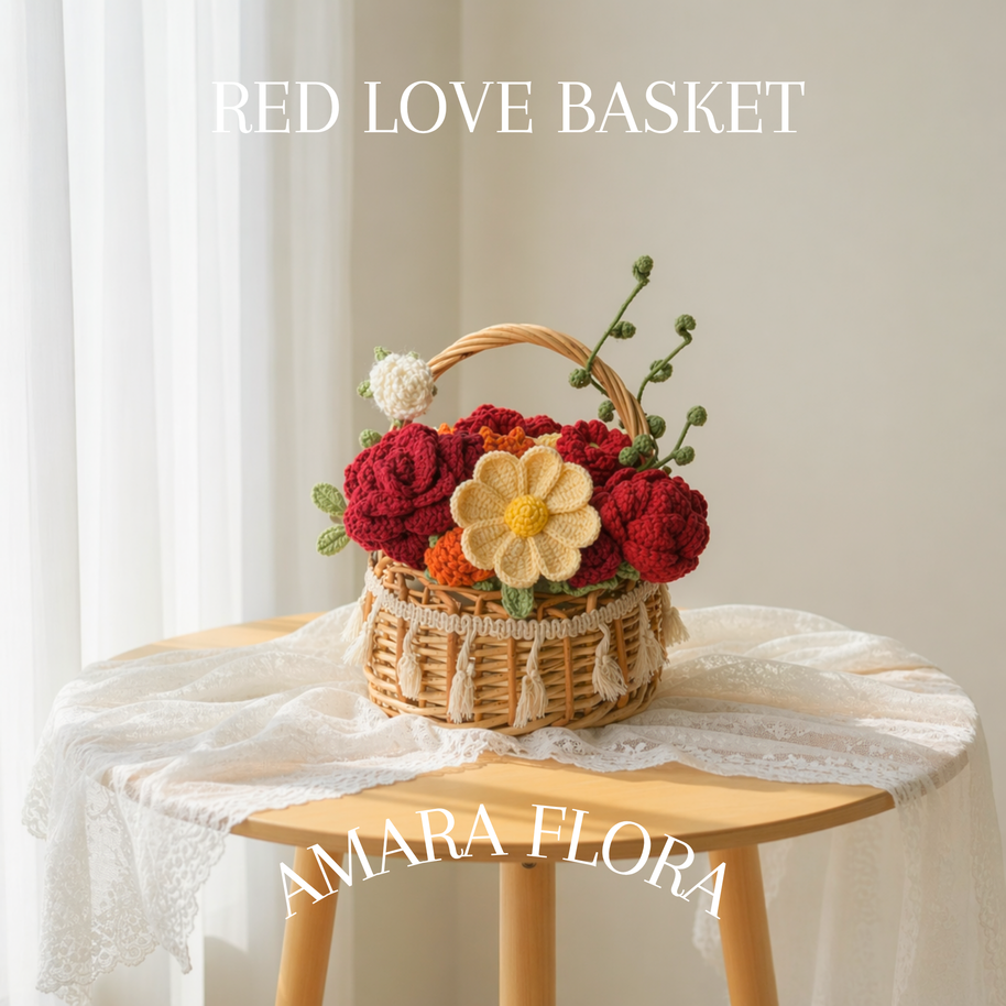 Handmade Crochet Flower Basket - Red