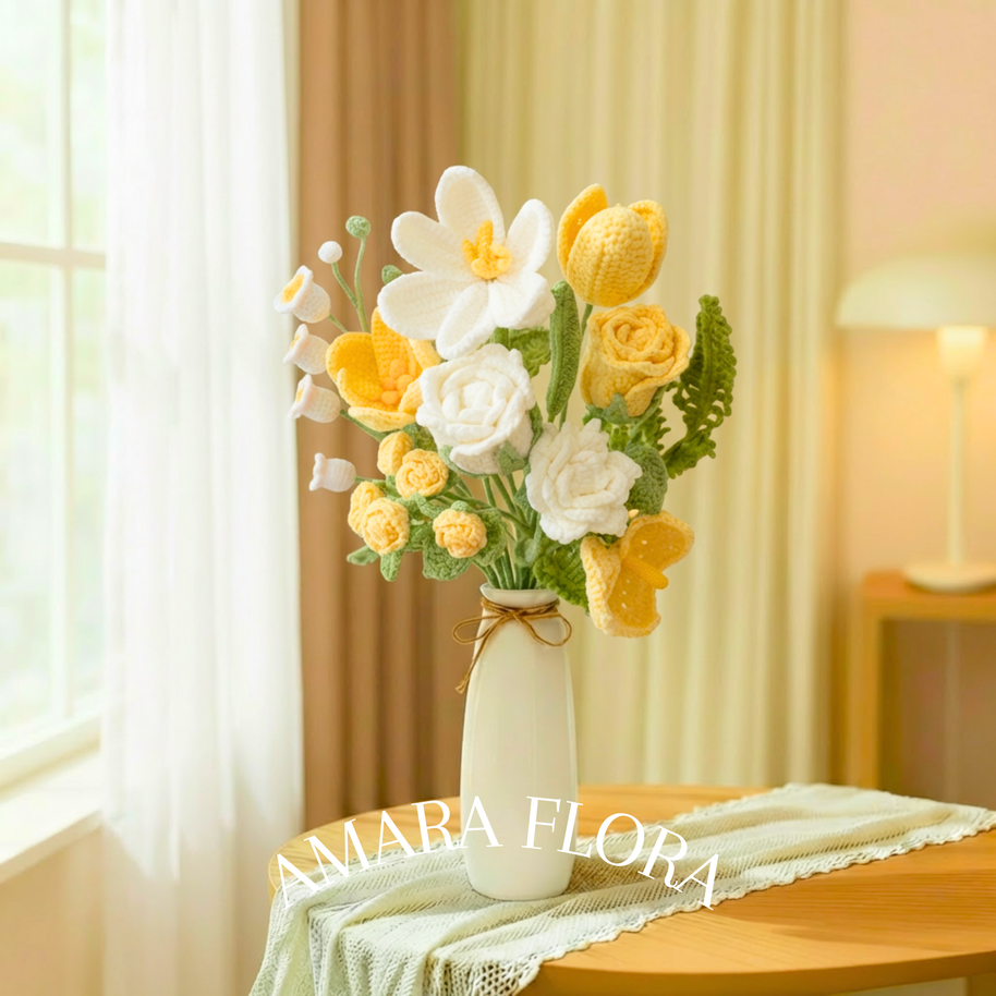 Handmade Crochet Flower Rose Bouquet – Tulips & Lilies - Yellow
