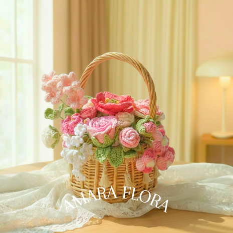 Handmade Crochet Flower Basket - Pink
