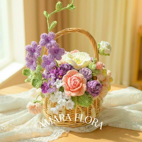 Handmade Crochet Flower Basket - Purple