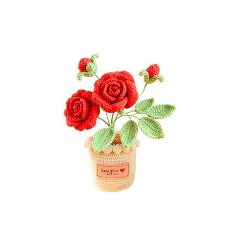 Crochet Rose Flower Pot - Red