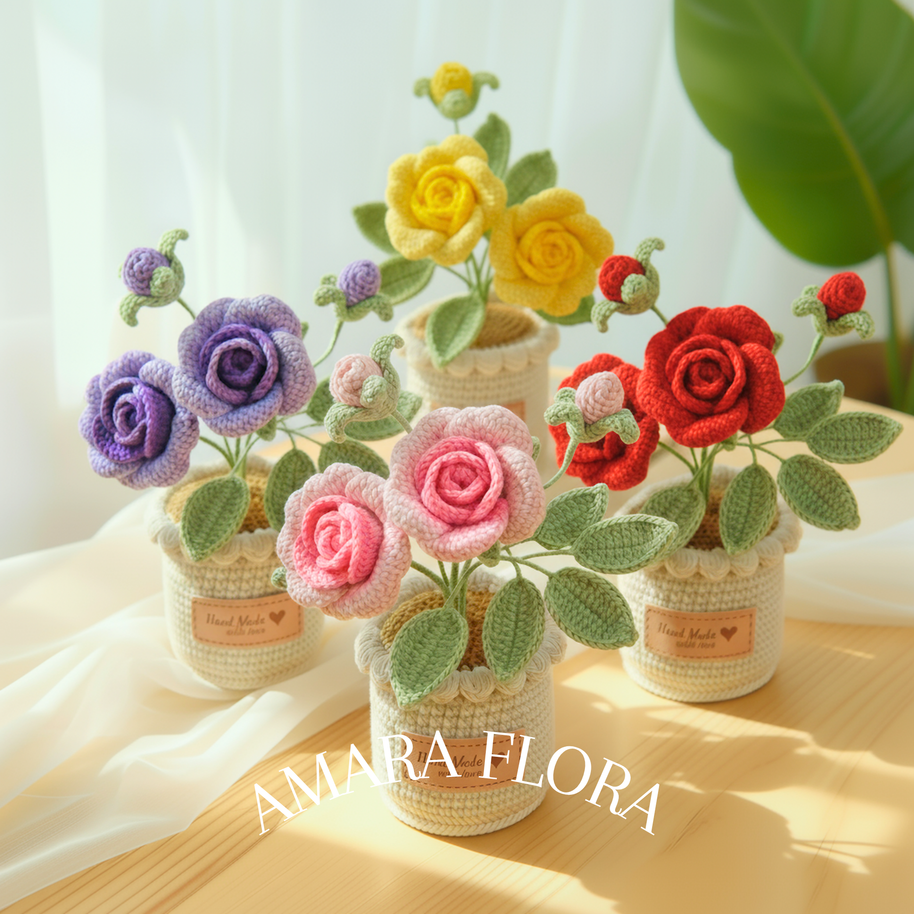 Crochet Rose Flower Pot - Yellow