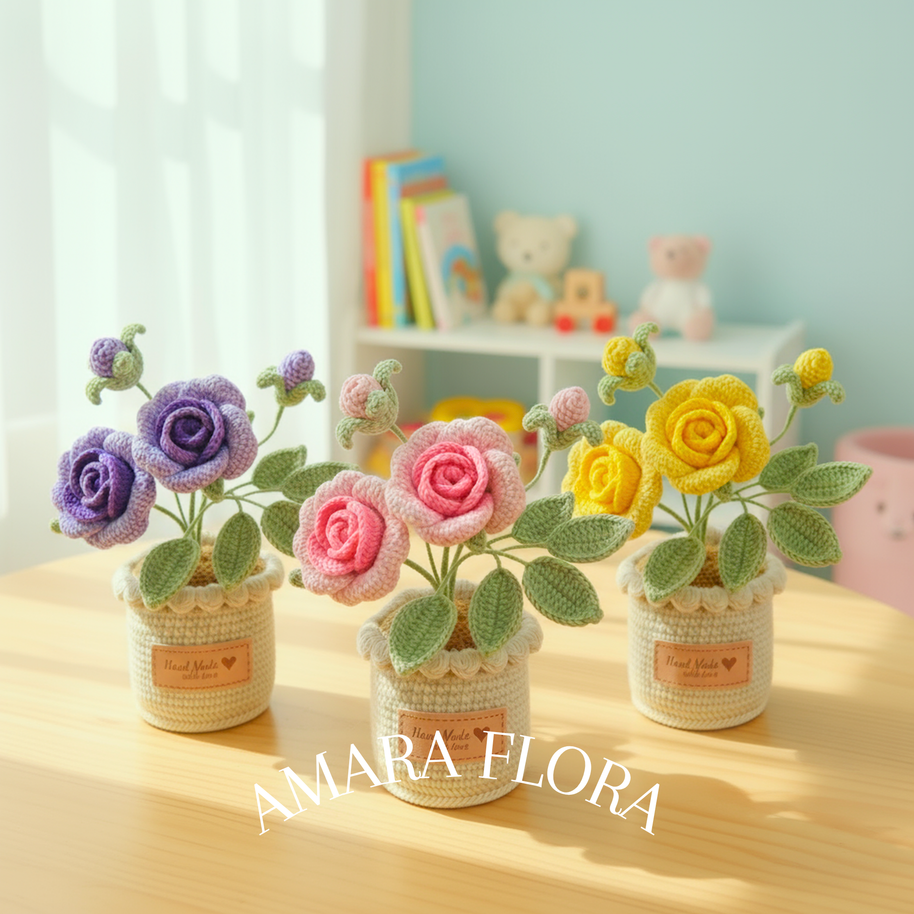 Crochet Rose Flower Pot - Pink