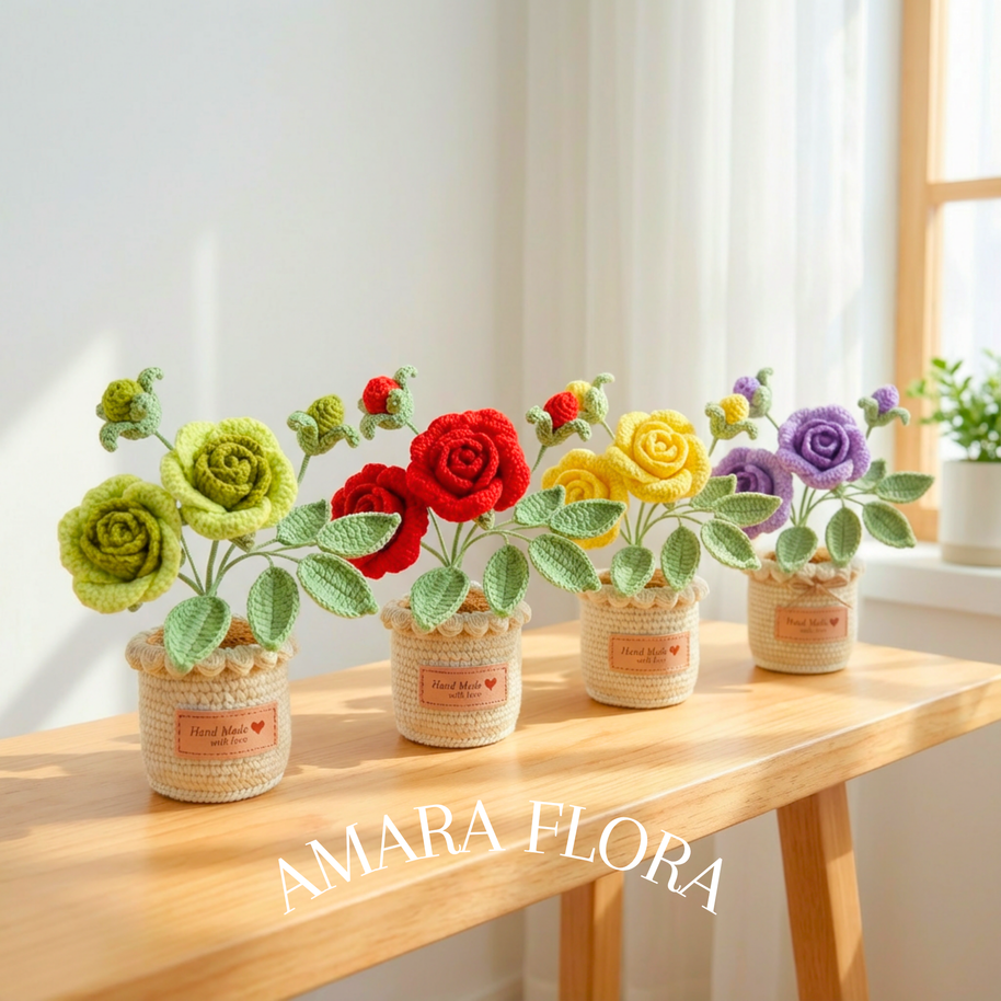 Crochet Rose Flower Pot - Green
