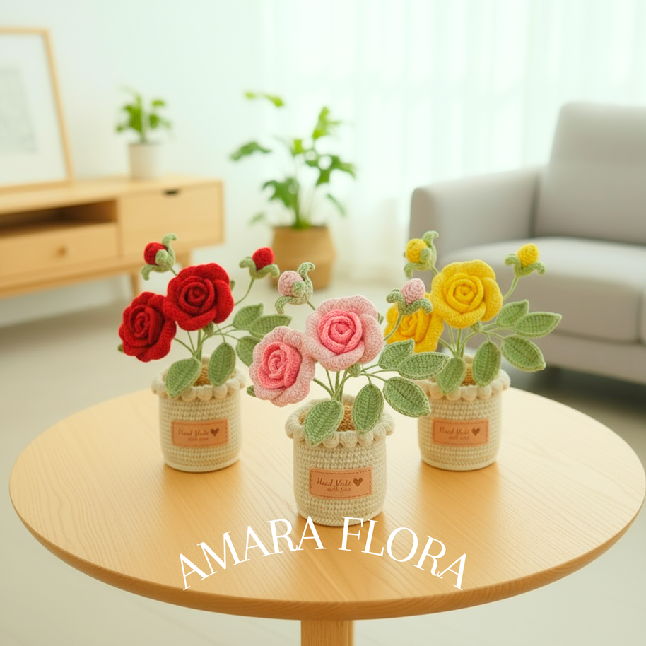 Crochet Rose Flower Pot - Pink