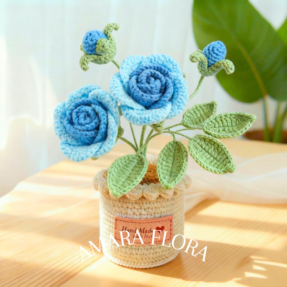 Crochet Rose Flower Pot - Blue