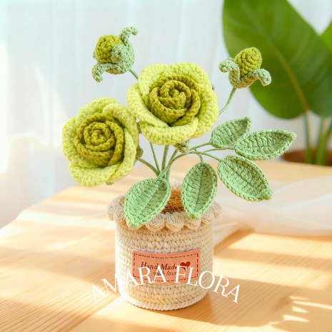 Crochet Rose Flower Pot - Green