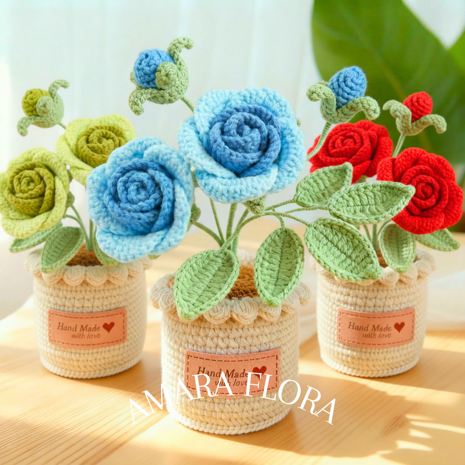Crochet Rose Flower Pot - Blue