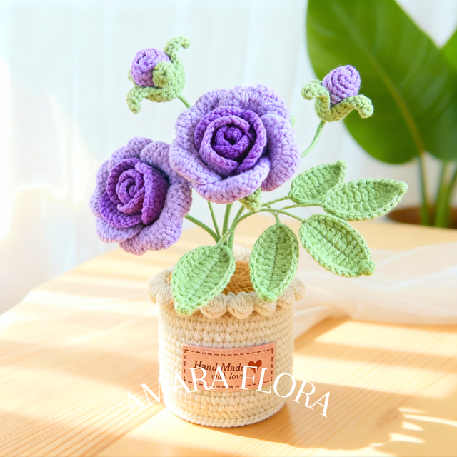 Crochet Rose Flower Pot - Purple