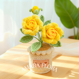 Crochet Rose Flower Pot - Yellow