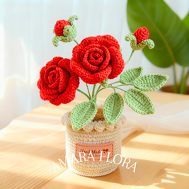 Crochet Rose Flower Pot - Red