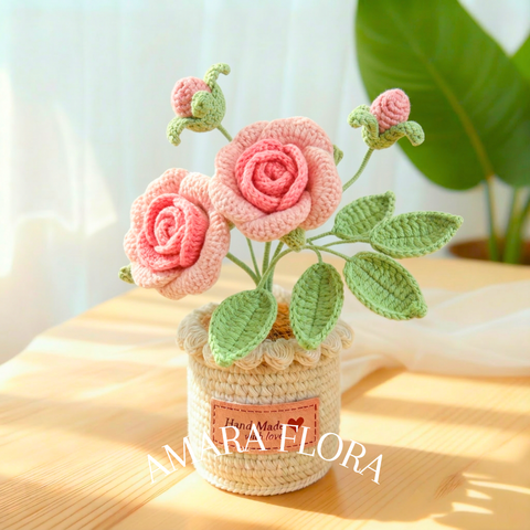 Crochet Rose Flower Pot - Pink