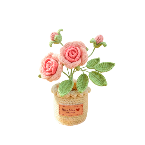 Crochet Rose Flower Pot - Pink