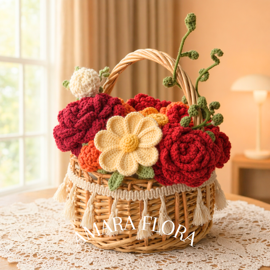 Handmade Crochet Flower Basket - Red