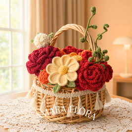 Handmade Crochet Flower Basket - Red