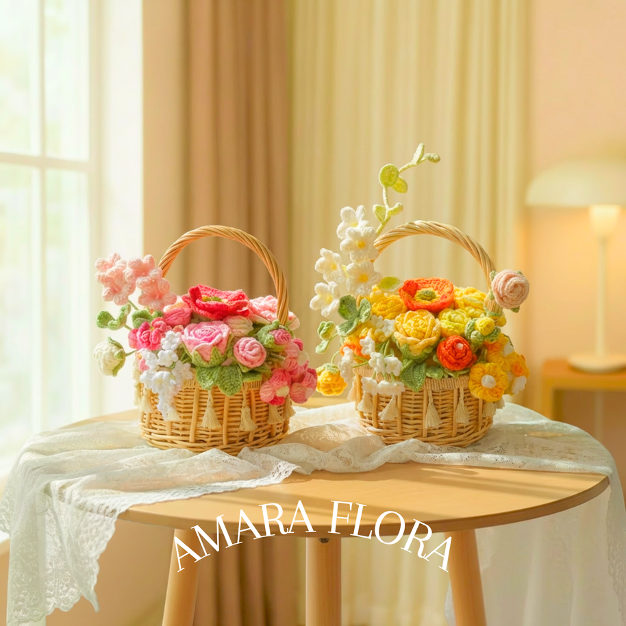 Handmade Crochet Flower Basket - Pink