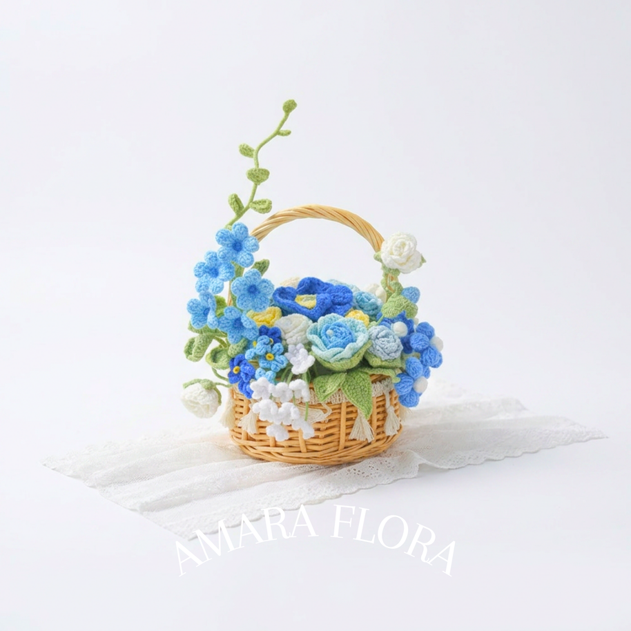 Handmade Crochet Flower Basket - Blue
