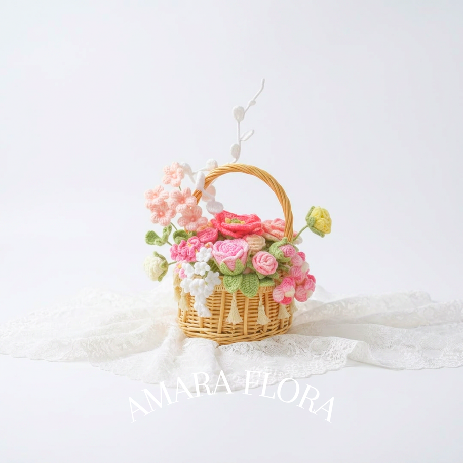 Handmade Crochet Flower Basket - Pink