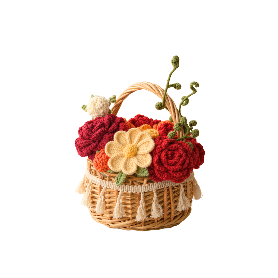 Handmade Crochet Flower Basket - Red