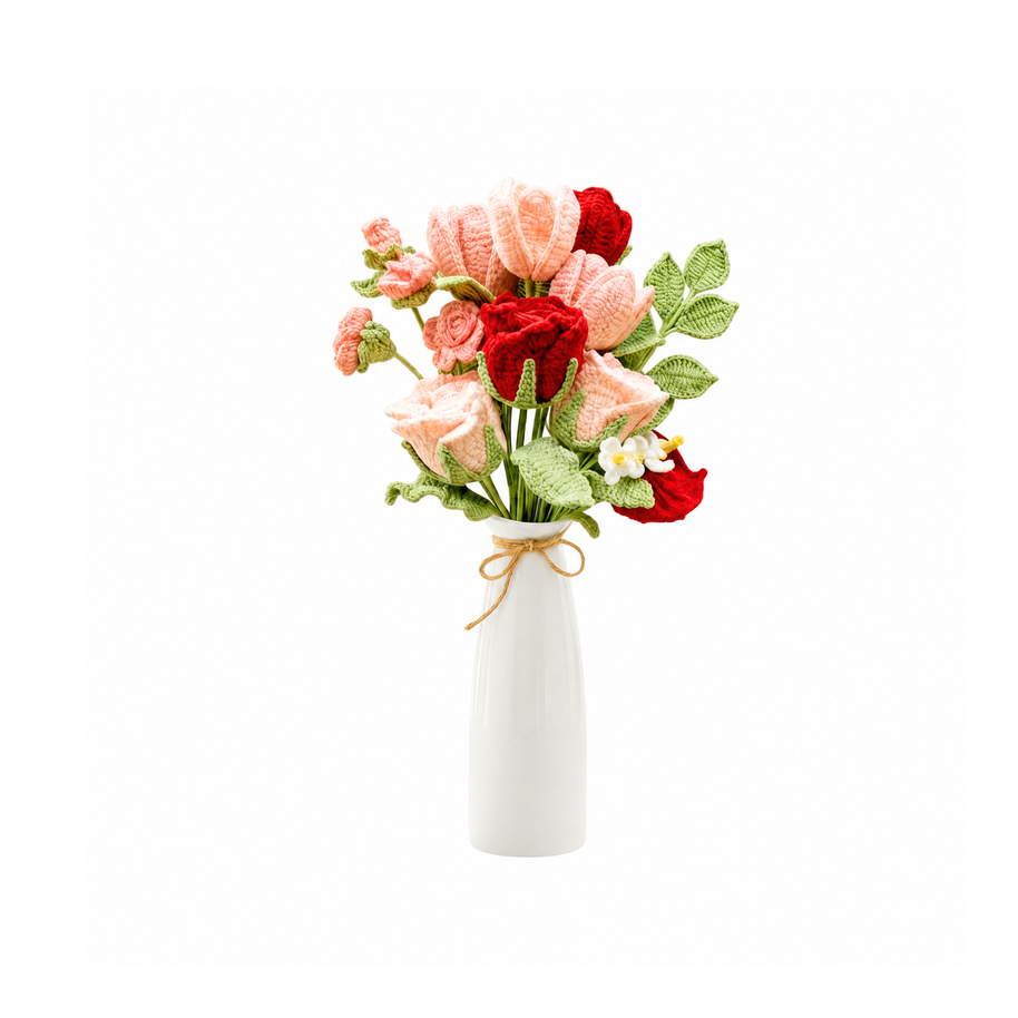 Handmade Crochet Flower Rose Bouquet – Tulips & Lilies - Pink