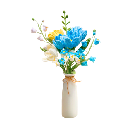 Homemade Crochet Tulip Bouquet Plus Vase - Blue