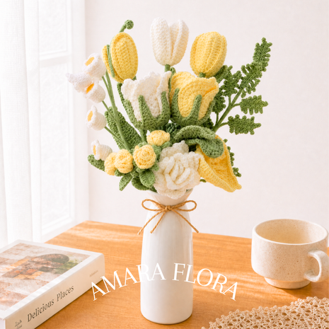 Handmade Crochet Flower Rose Bouquet – Tulips & Lilies - Yellow