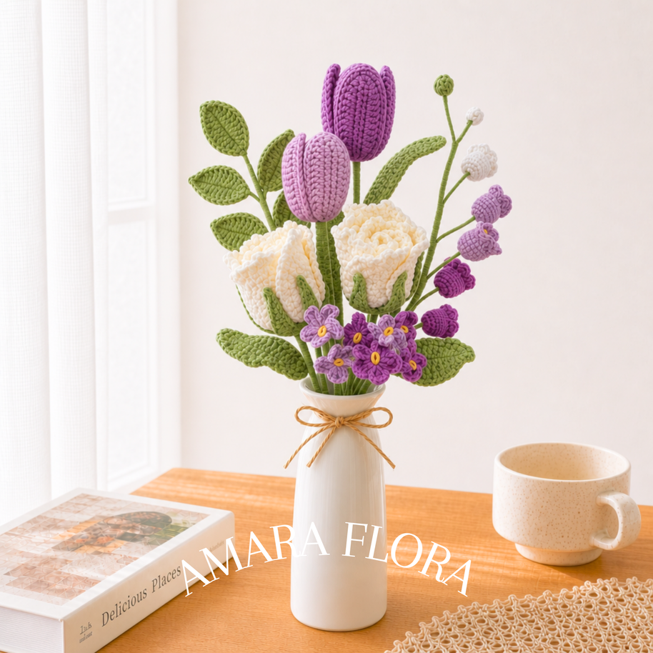 Handmade Crochet Flower Rose Bouquet – Tulips & Lilies - Purple