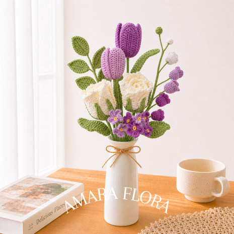 Handmade Crochet Flower Rose Bouquet – Tulips & Lilies - Purple