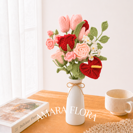 Handmade Crochet Flower Rose Bouquet – Tulips & Lilies - Pink