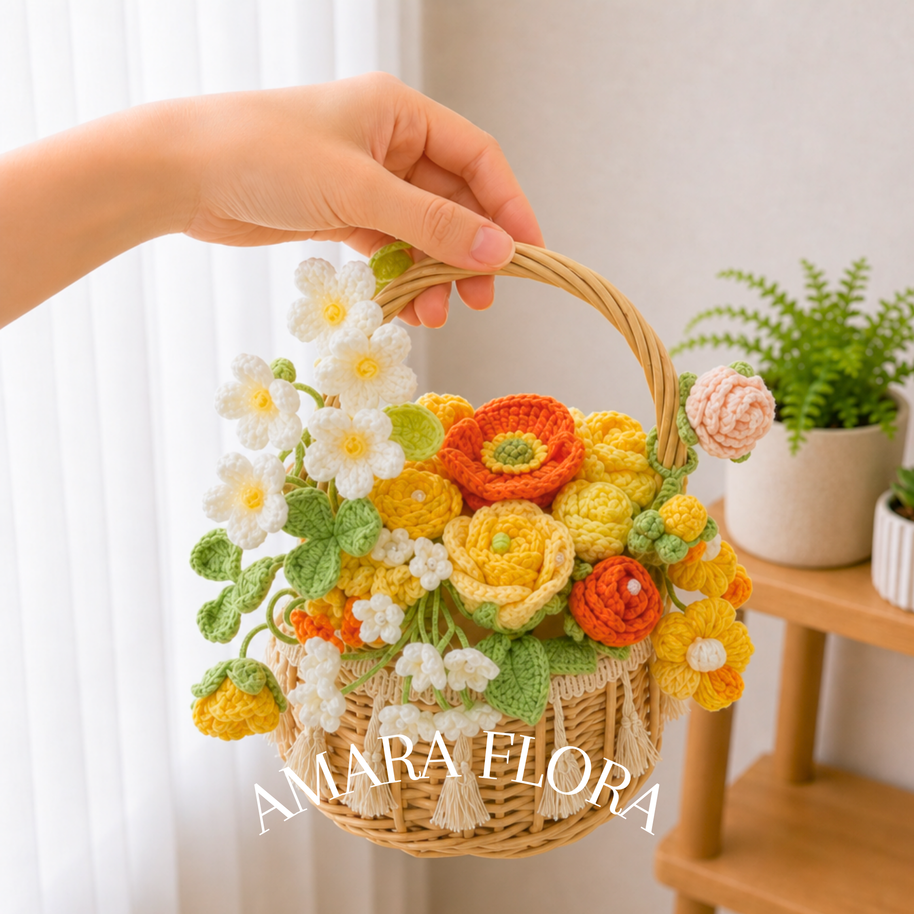 Handmade Crochet Flower Basket - Yellow