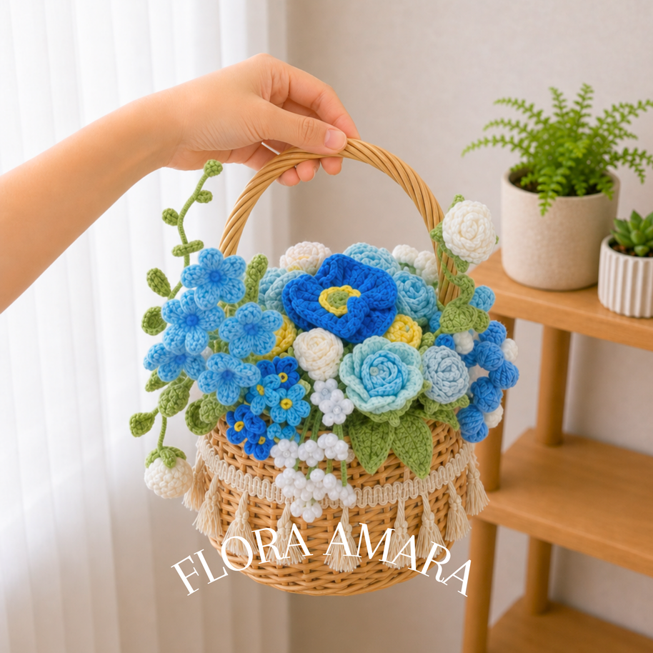 Handmade Crochet Flower Basket - Blue