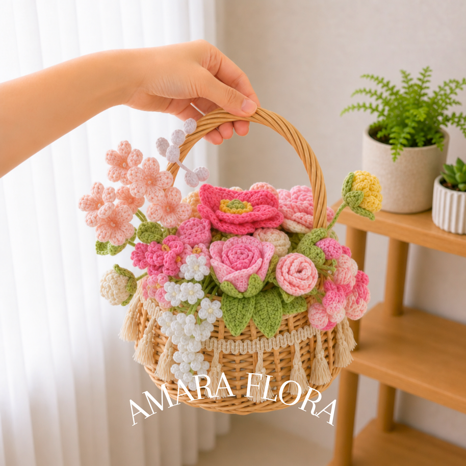 Handmade Crochet Flower Basket - Pink