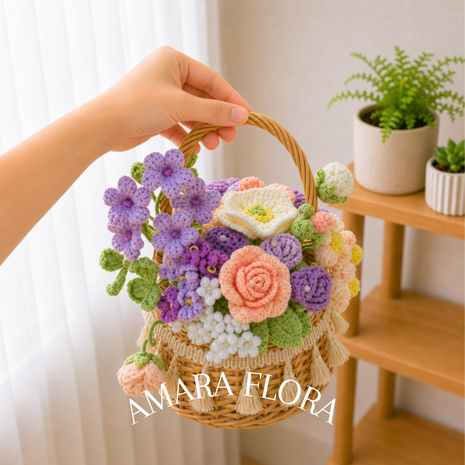Handmade Crochet Flower Basket - Purple