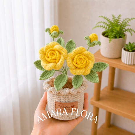 Crochet Rose Flower Pot - Yellow