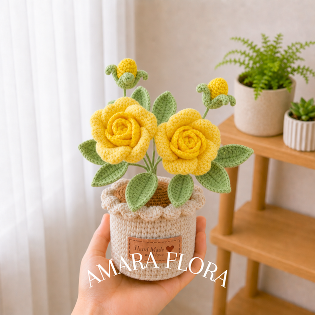 Crochet Rose Flower Pot - Yellow