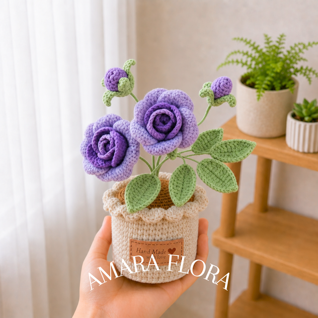 Crochet Rose Flower Pot - Purple