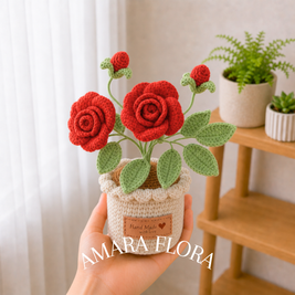 Crochet Rose Flower Pot - Red