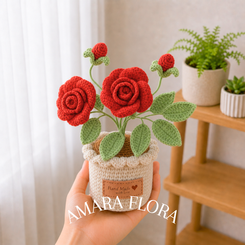 Crochet Rose Flower Pot - Red