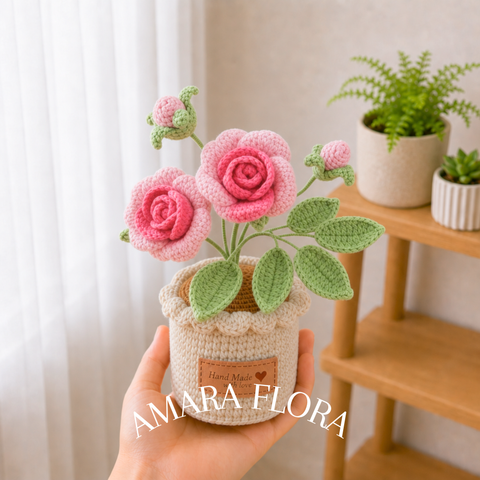 Crochet Rose Flower Pot - Pink